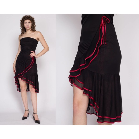 Y2K Gothic Black & Red Metallic Strapless Party Dress - Extra Small | Vintage - Picture 1 of 6